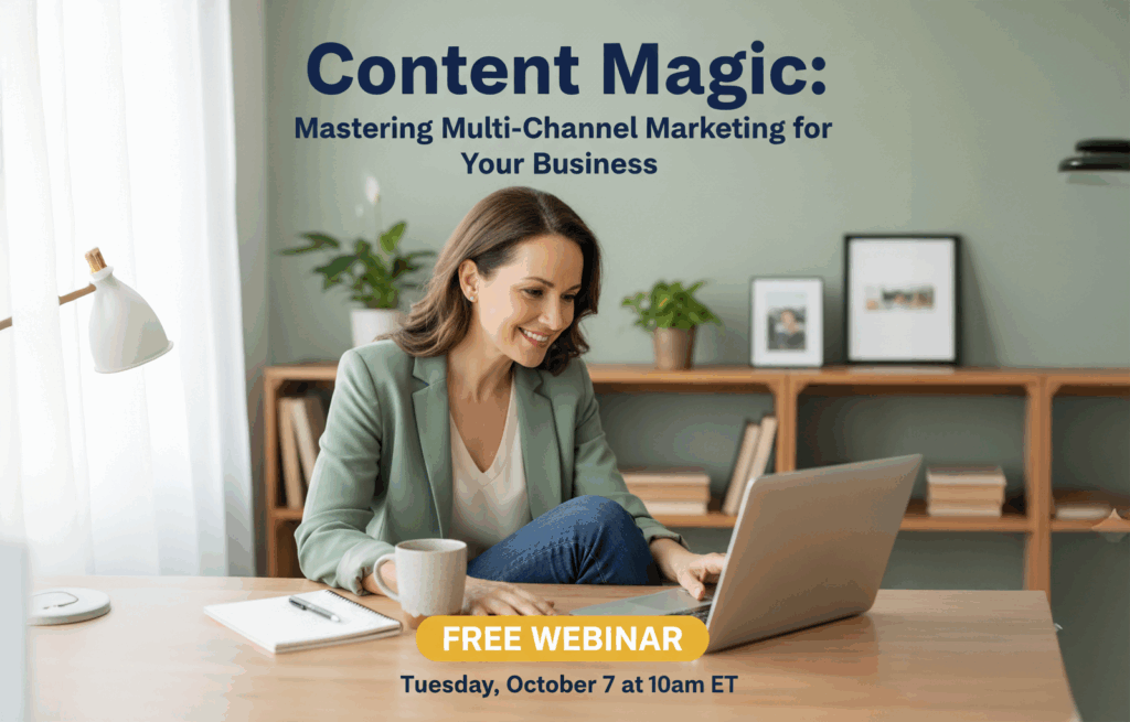 A woman with long brown hair in a light green blazer smiles while using a laptop at a desk. A notebook, pen, and mug are on the table. Behind her is a bookshelf with plants and framed photos. Text in the image reads: “Content Magic: Mastering Multi-Channel Marketing for Your Business. Free Webinar. Tuesday, October 7 at 10am ET.”