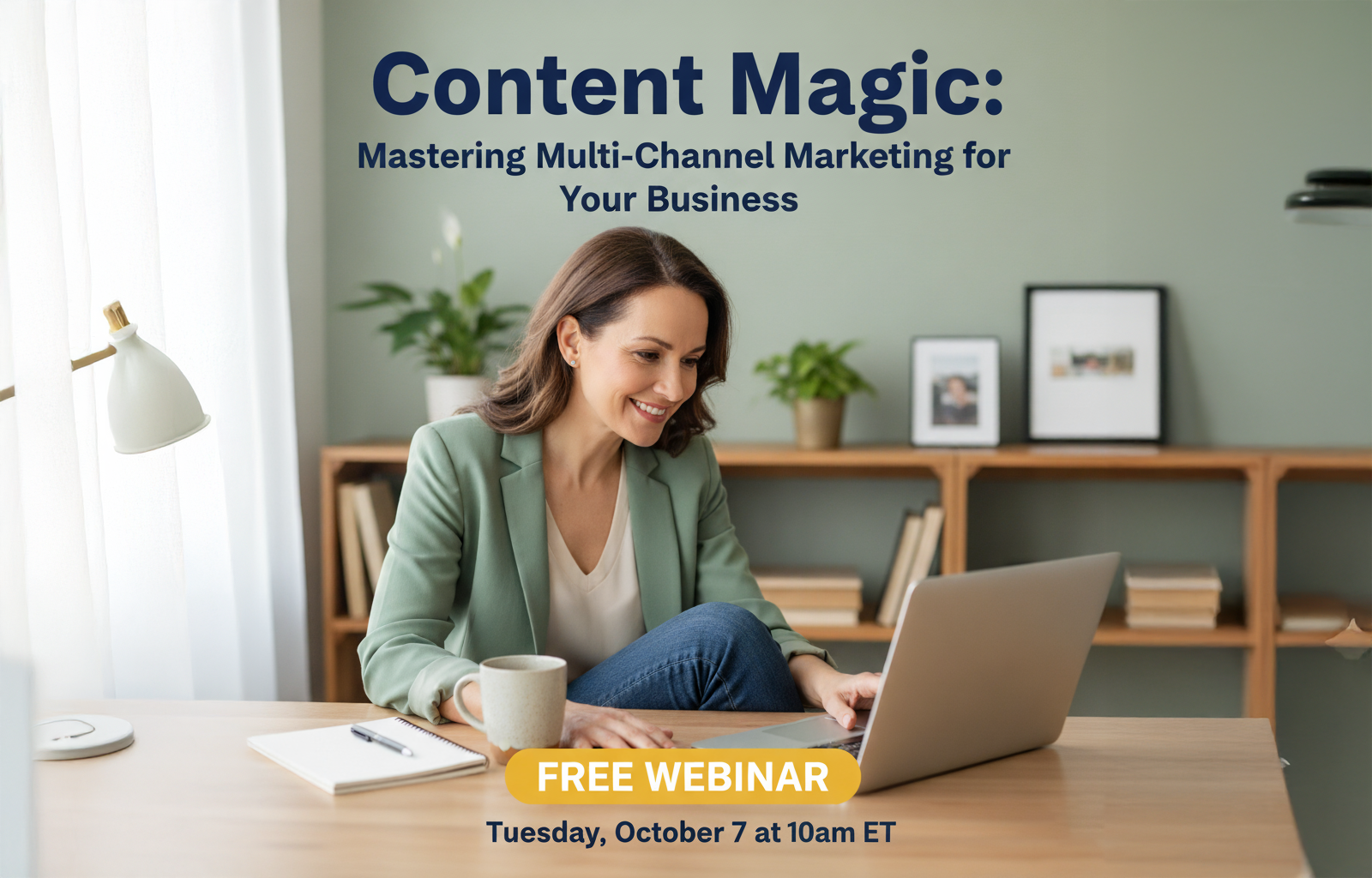 A woman with long brown hair in a light green blazer smiles while using a laptop at a desk. A notebook, pen, and mug are on the table. Behind her is a bookshelf with plants and framed photos. Text in the image reads: “Content Magic: Mastering Multi-Channel Marketing for Your Business. Free Webinar. Tuesday, October 7 at 10am ET.”