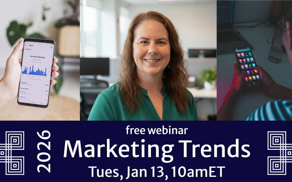 A promotional graphic for a 2026 webinar titled "Marketing Trends." The top features three images: a person holding a smartphone displaying analytics, a smiling woman with long auburn hair in a green top, and another person using a smartphone at a desk. The bottom text reads: "Free webinar. Marketing Trends. Tues, Jan 13, 10am ET." The year "2026" is written vertically on the left. The background is dark blue with geometric designs on both sides.