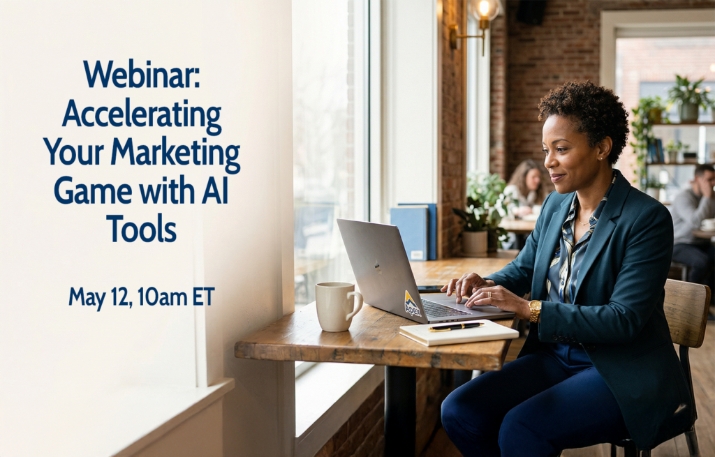 Promotional image for a webinar. Text reads: “Webinar: Accelerating Your Marketing Game with AI Tools. May 12, 10am ET.” A woman sits at a table in a café, typing on a laptop. A notebook, pen, and coffee mug are beside her.